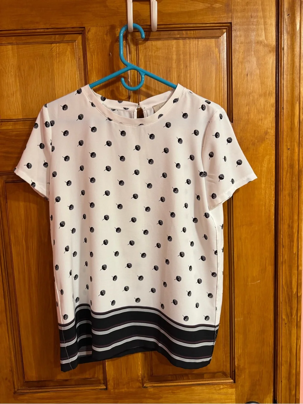 LOFT White Short-Sleeve Dot Print Blouse with Black Stripes